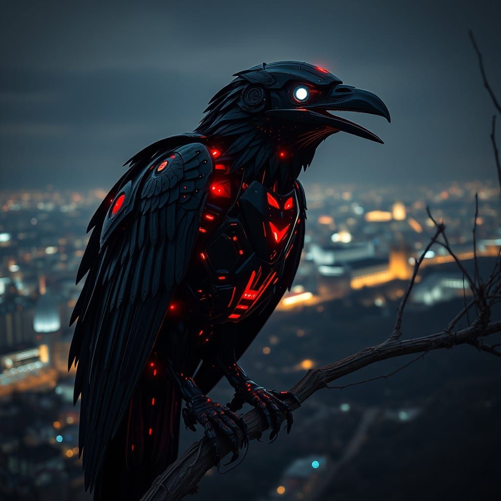 Metallica Robot Raven Soars Over Cityscape