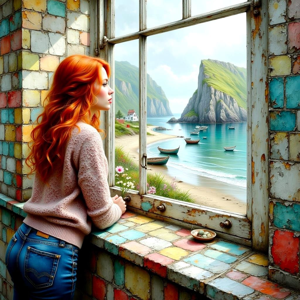 Irish Harbor View: Impasto Oil Painting of Redhead