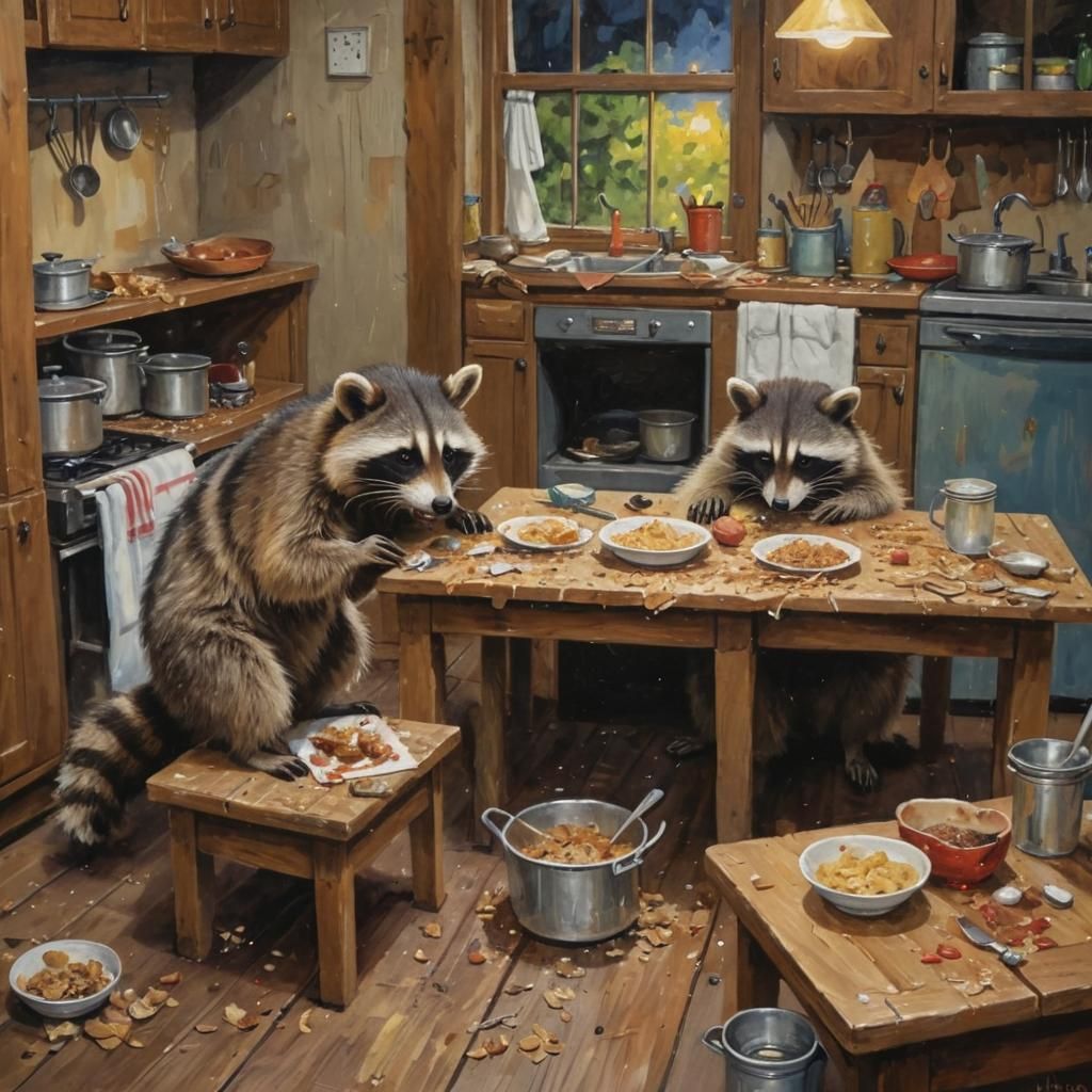 Raccoons Dancing in Kitchen, Gouache Impressionist Painting