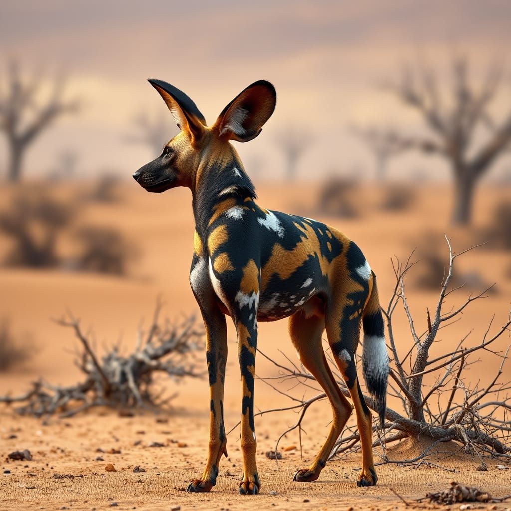 Majestic African Painted Dog in Parched Savannah Landscape