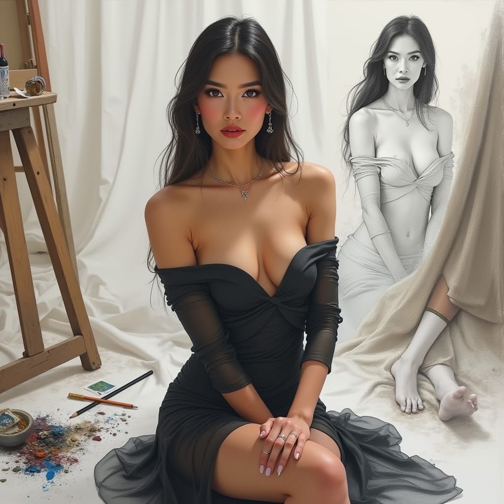 Elegant Woman in Artist's Studio: Photorealism and Sketch