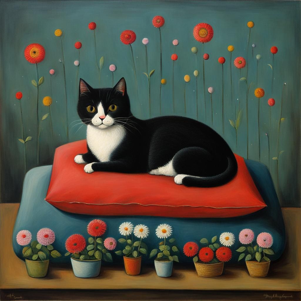 Surreal Cat Surrounded by Flowers