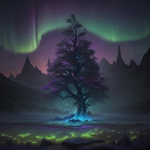 Enchanted Gathering Under Aurora Lights in Fantasy Realism