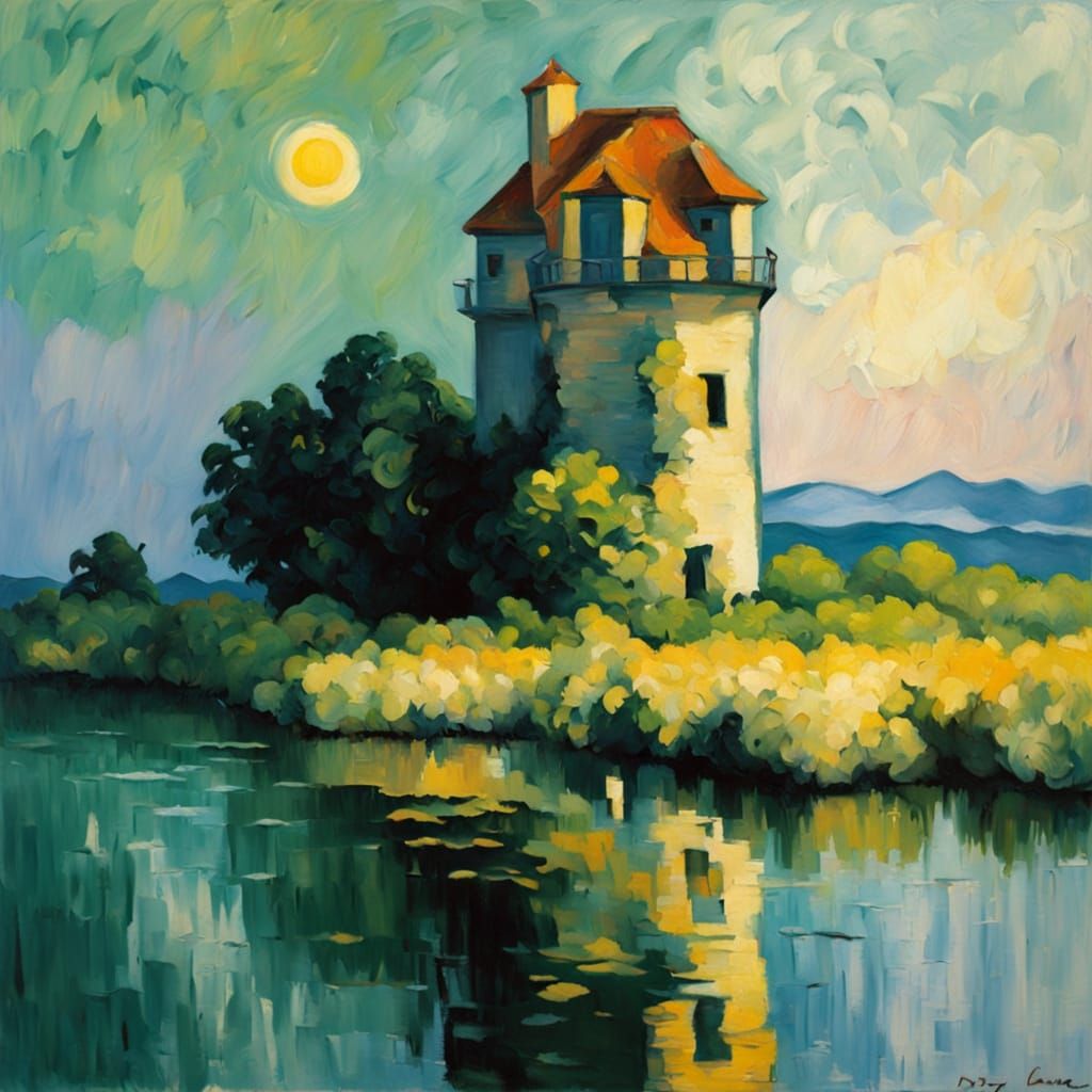 Vibrant Neo-Impressionist Tower in Lush Landscape
