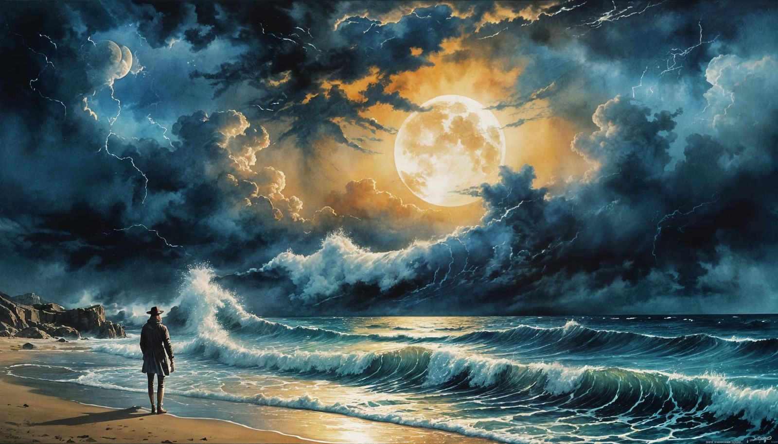 Surreal Cove Beach Storm with Full Moon, Watercolor