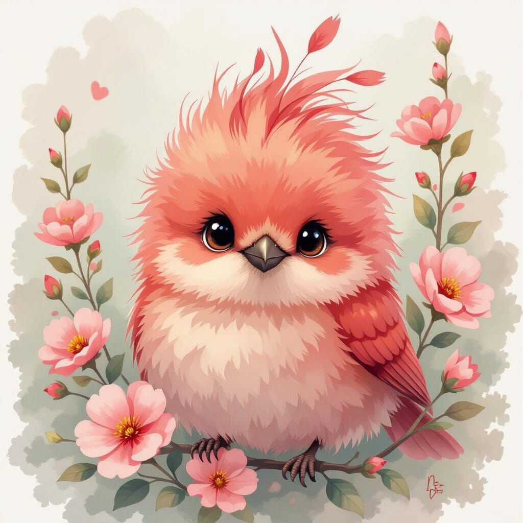 Whimsical Watercolor Bird with Pink Flowers