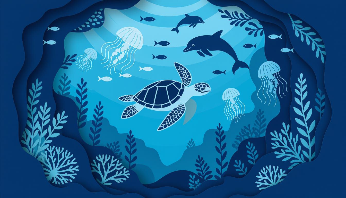 Layered Paper Art Underwater Scene with Dolphins and Sea Tur...
