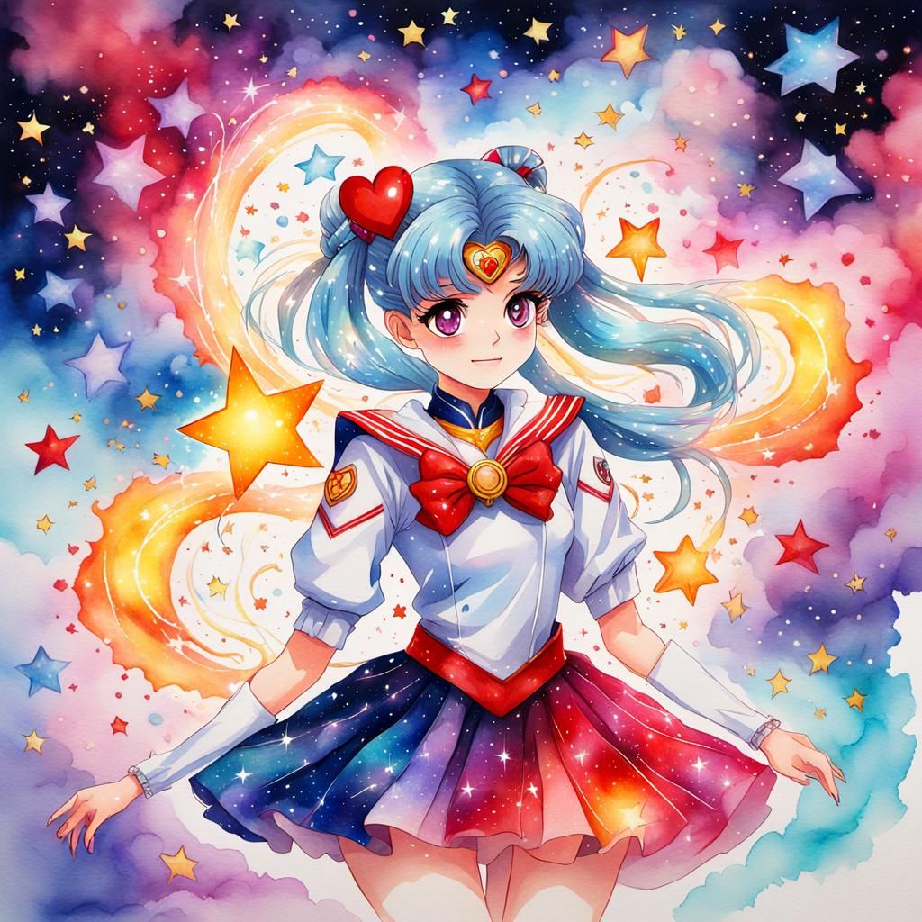 Watercolor Sailor Scout in Galactic Nebula