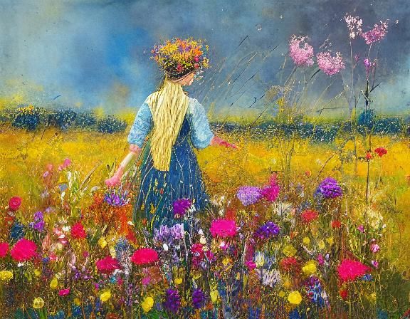 Girl in Blooming Flower Meadow: Watercolor Style