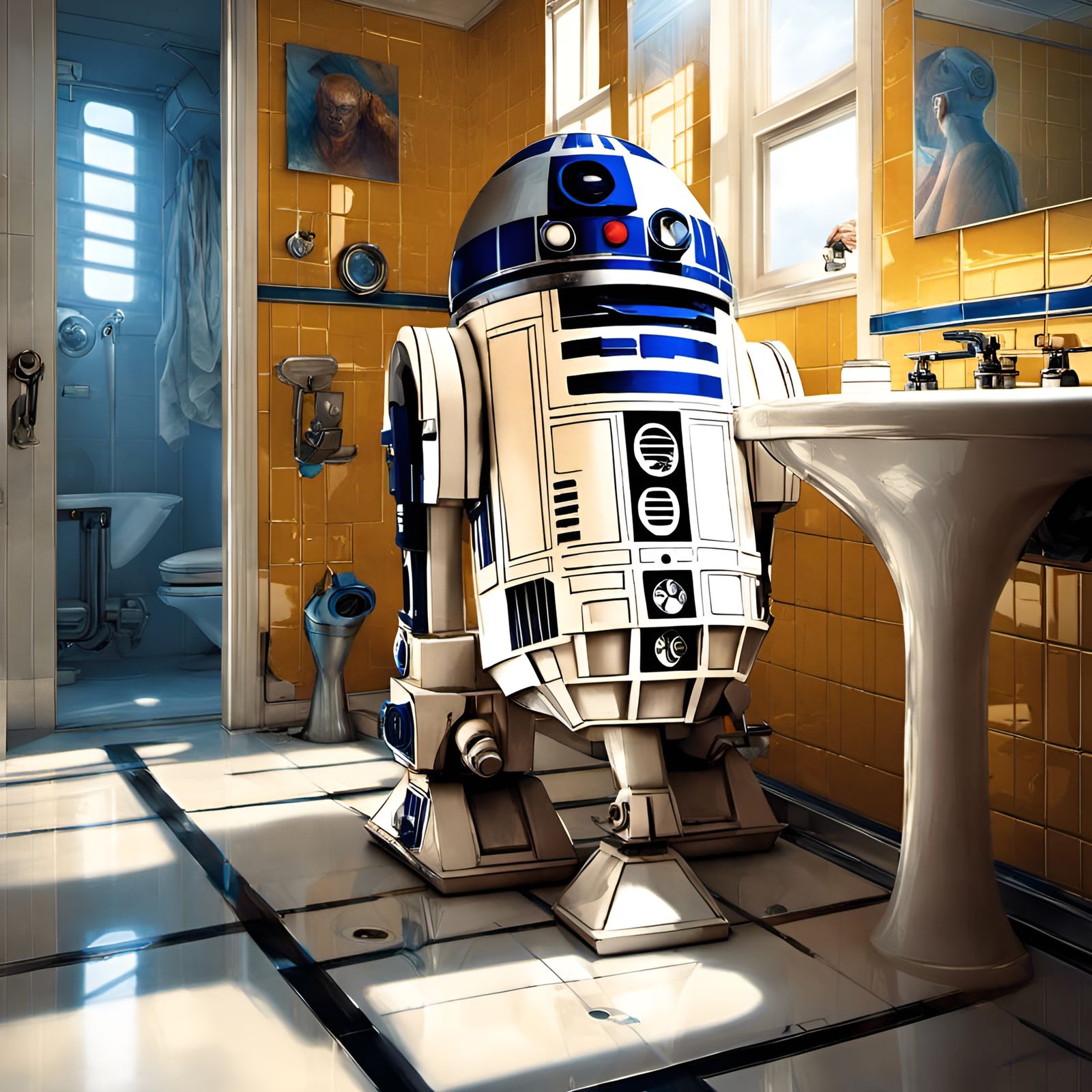 R2-D2 in a Futuristic Bathroom, Digital Illustration