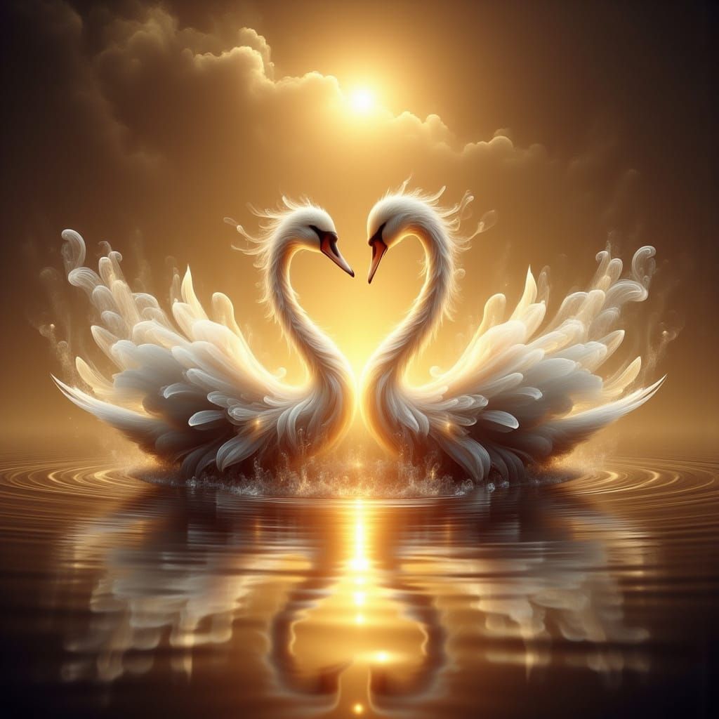 Two Swans Forming Heart Shape on Golden Sunset Lake