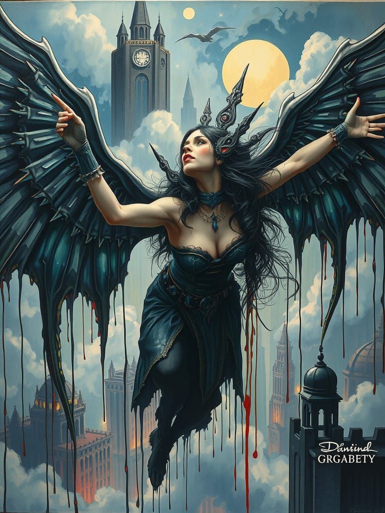 Portrait of aerial enchantress in a sky city. Dark fantasy pouring and dripping paint. Ian Davenport. H.R. Giger.