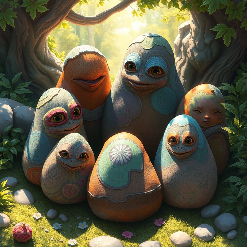 Anthropomorphic Rocks in Harmonious Circle, Watercolor Style