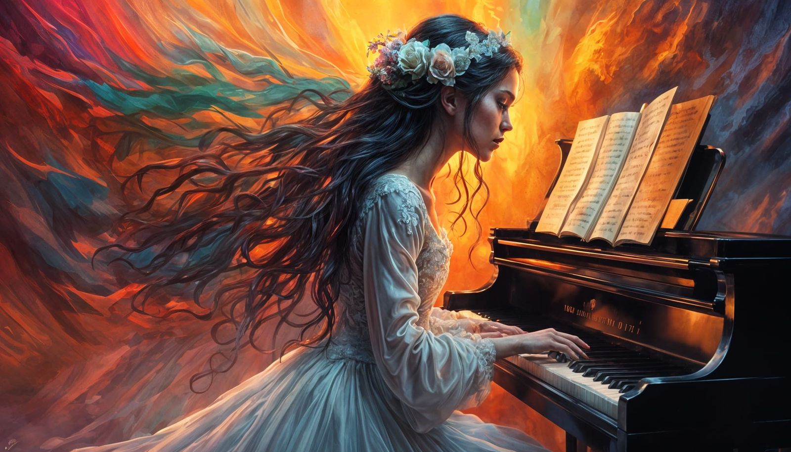 Ghost Bride Plays Piano: Hyperrealistic Splash Art