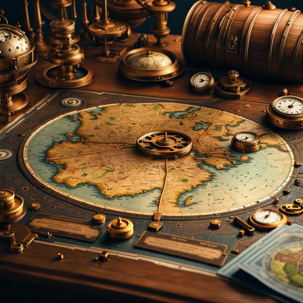 Detailed Steampunk Map on Oak Desk