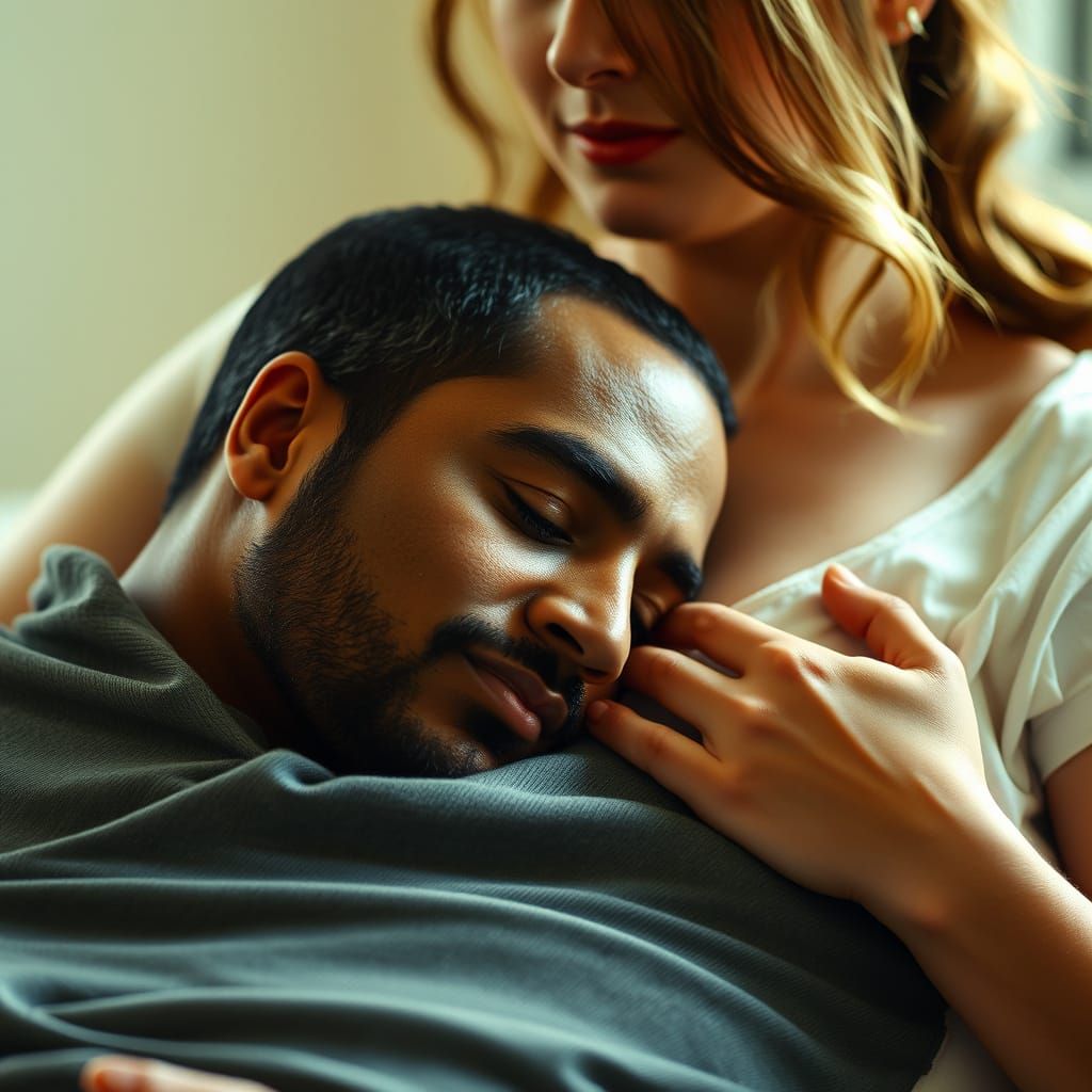 Man Finds Comfort in Partner's Embrace: Realistic Portrait