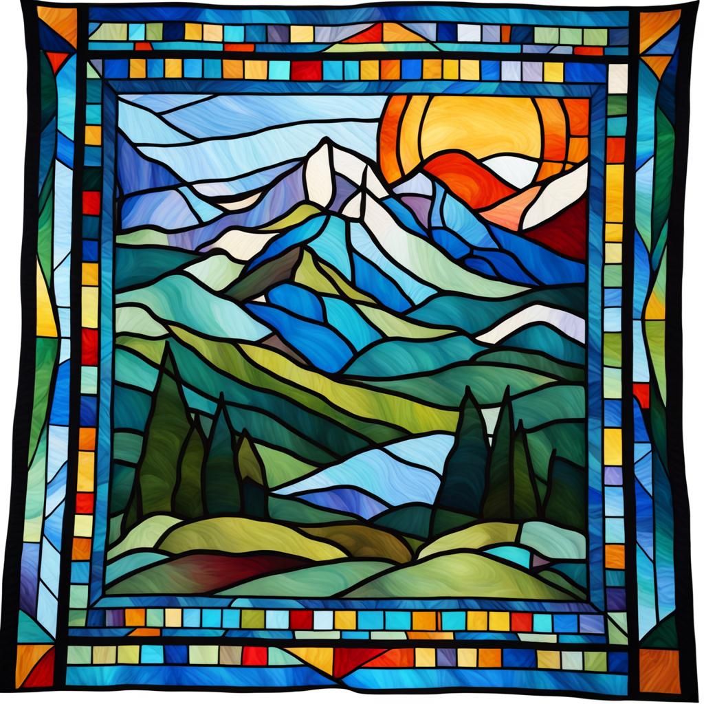 Stained Glass Quilt Depicting Mountains