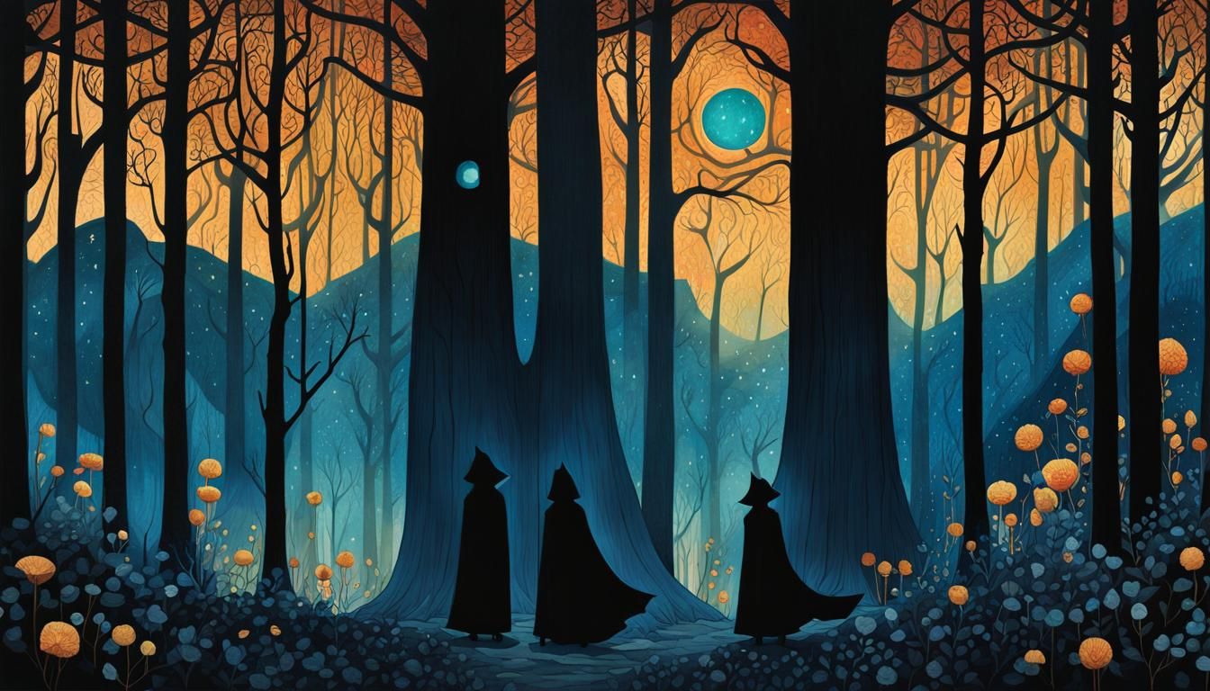 Cloaked Figures Admire Night Sky in Forest
