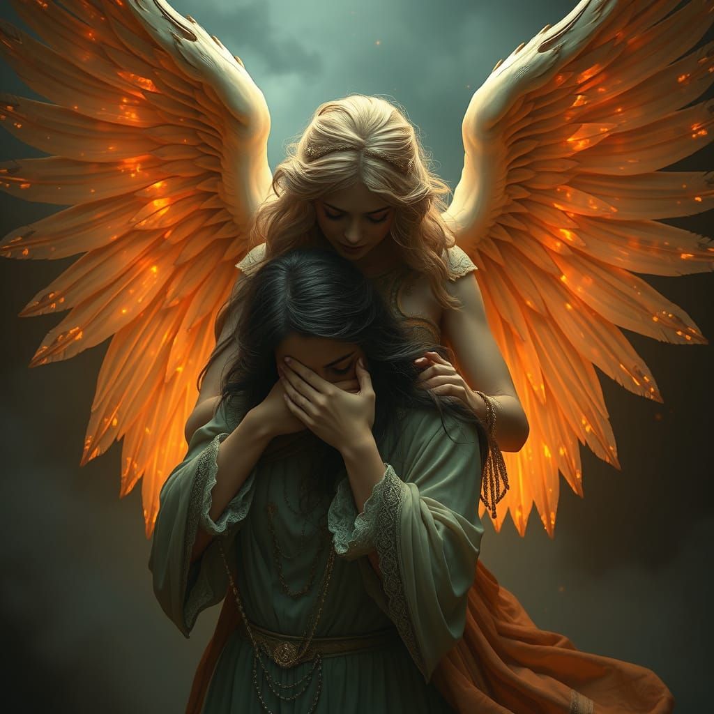Angel Comforts Crying Woman: Dramatic Digital Art