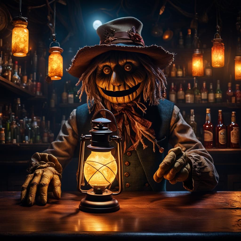 Scarecrow Bartender in Dark Bar, Fantasy Realism