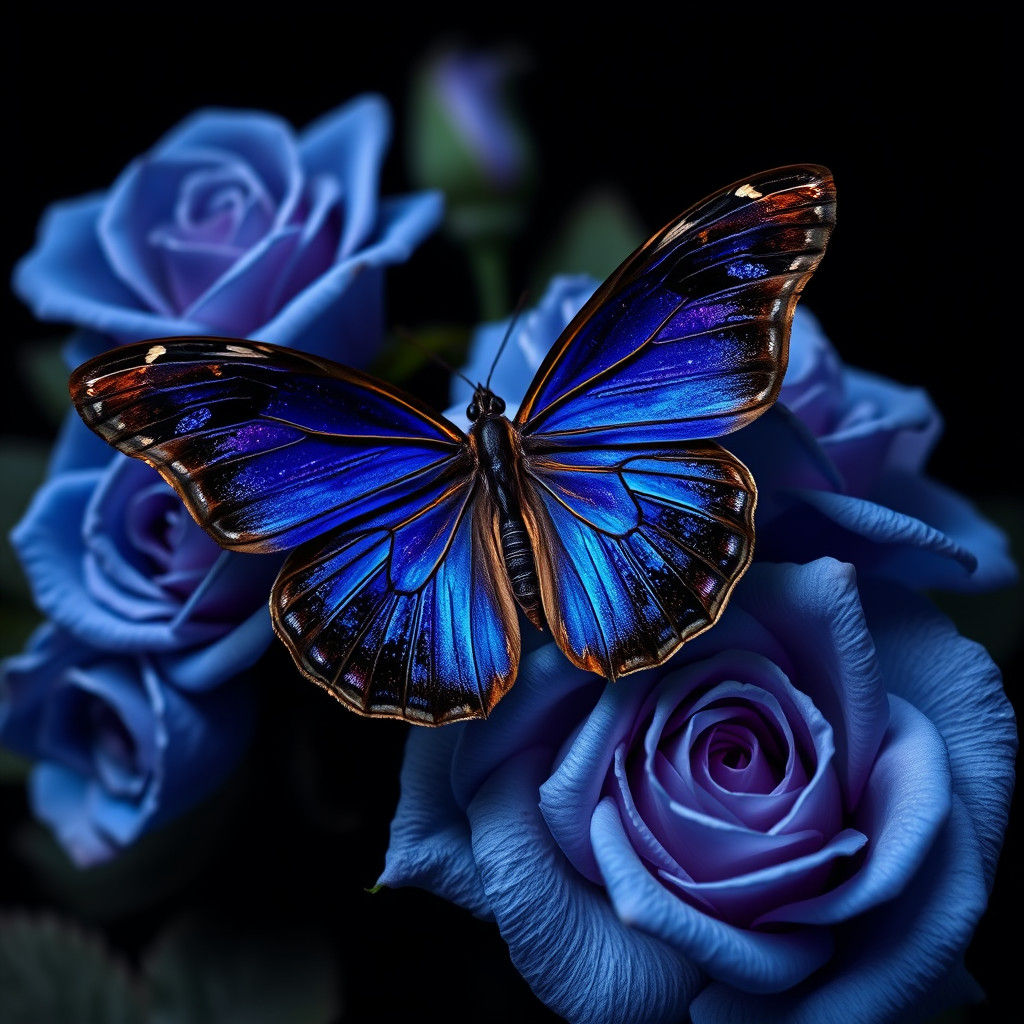 Dark Blue Butterfly with Roses and Gold Details