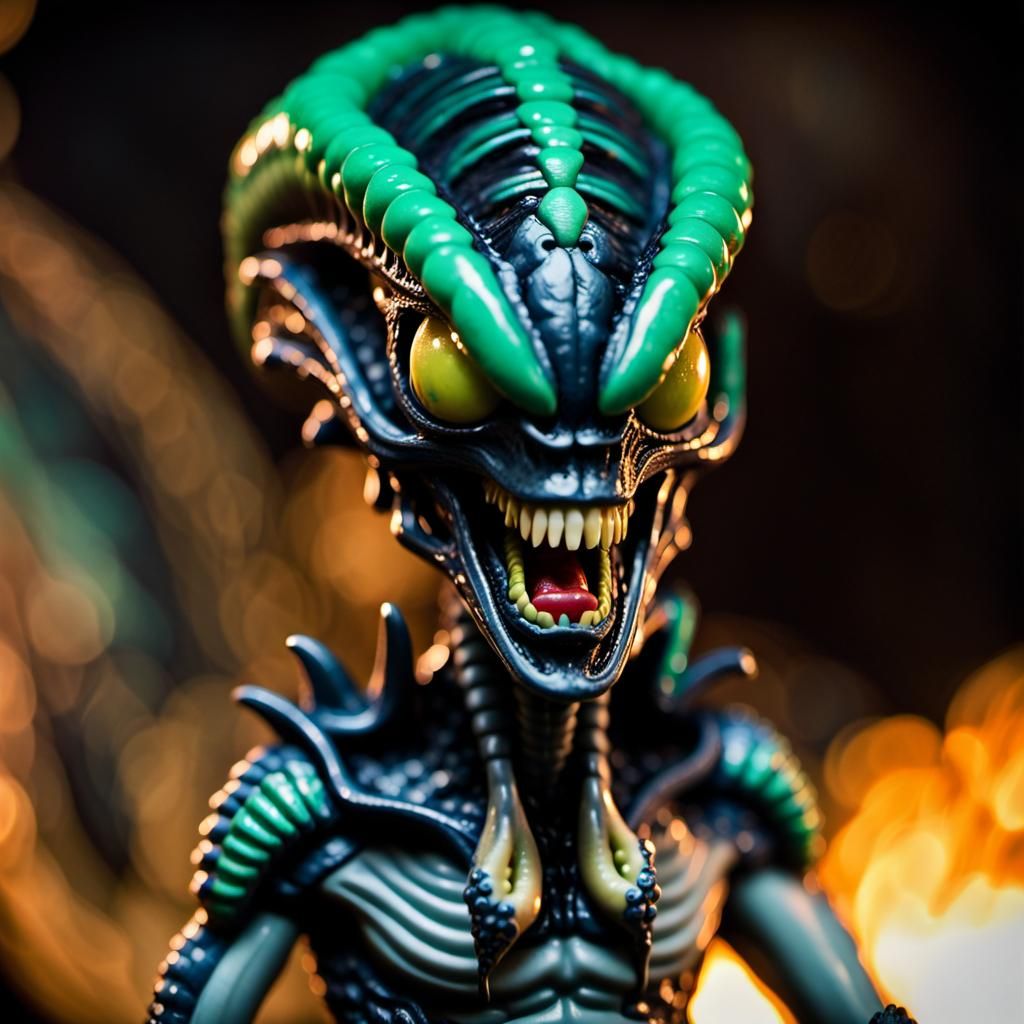 Intricate Xenomorph Bobblehead with Tattoos, Digital Art