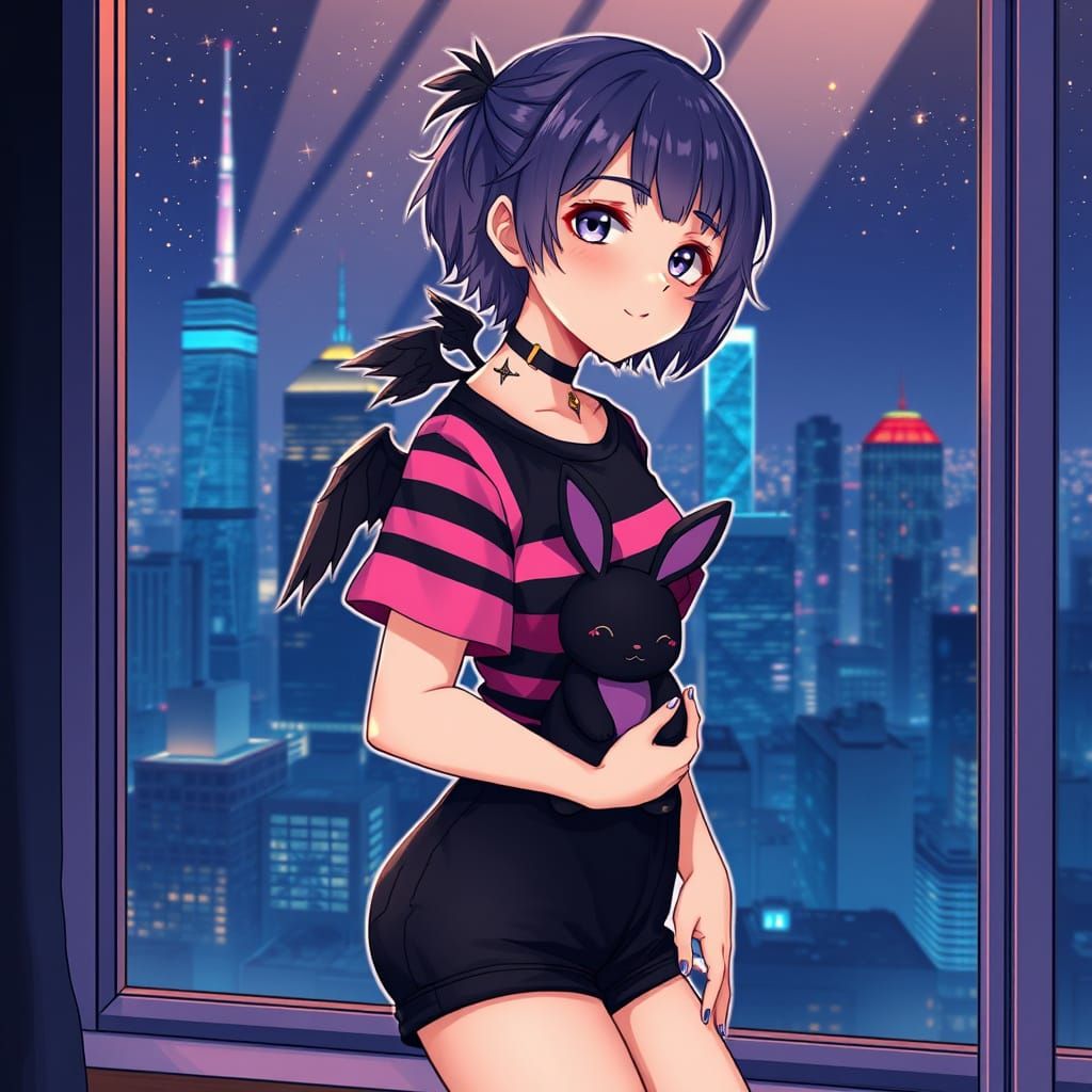 Gothic Kawaii Girl with Wings and Tattoo