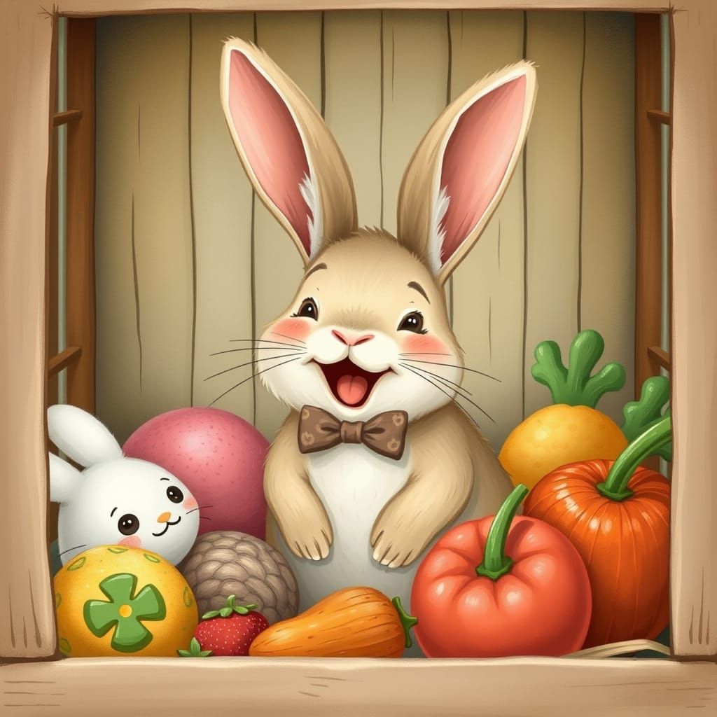 Joyful Bunny in Cozy Cage, Whimsical Illustration