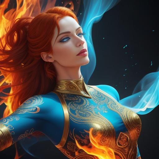 Surreal Woman in Yoga Pose Surrounded by Flames