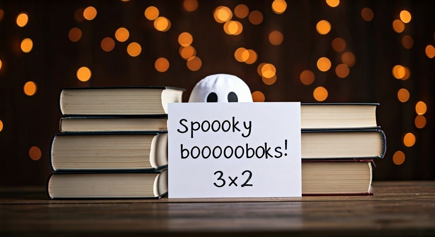 Playful Ghost Behind Spooky Books with Bokeh