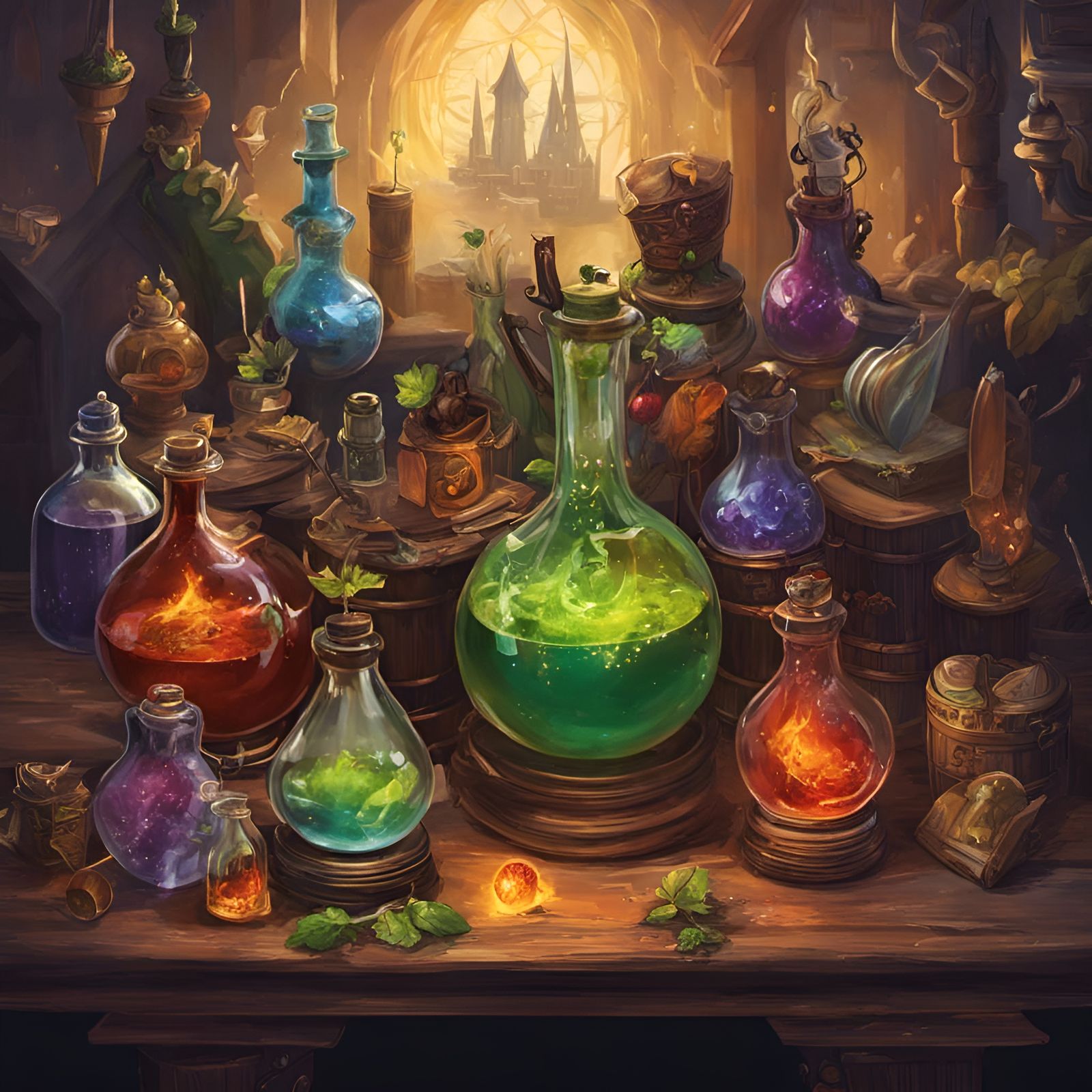 Fantasy Alchemist Brewing Potions in Magical Setting