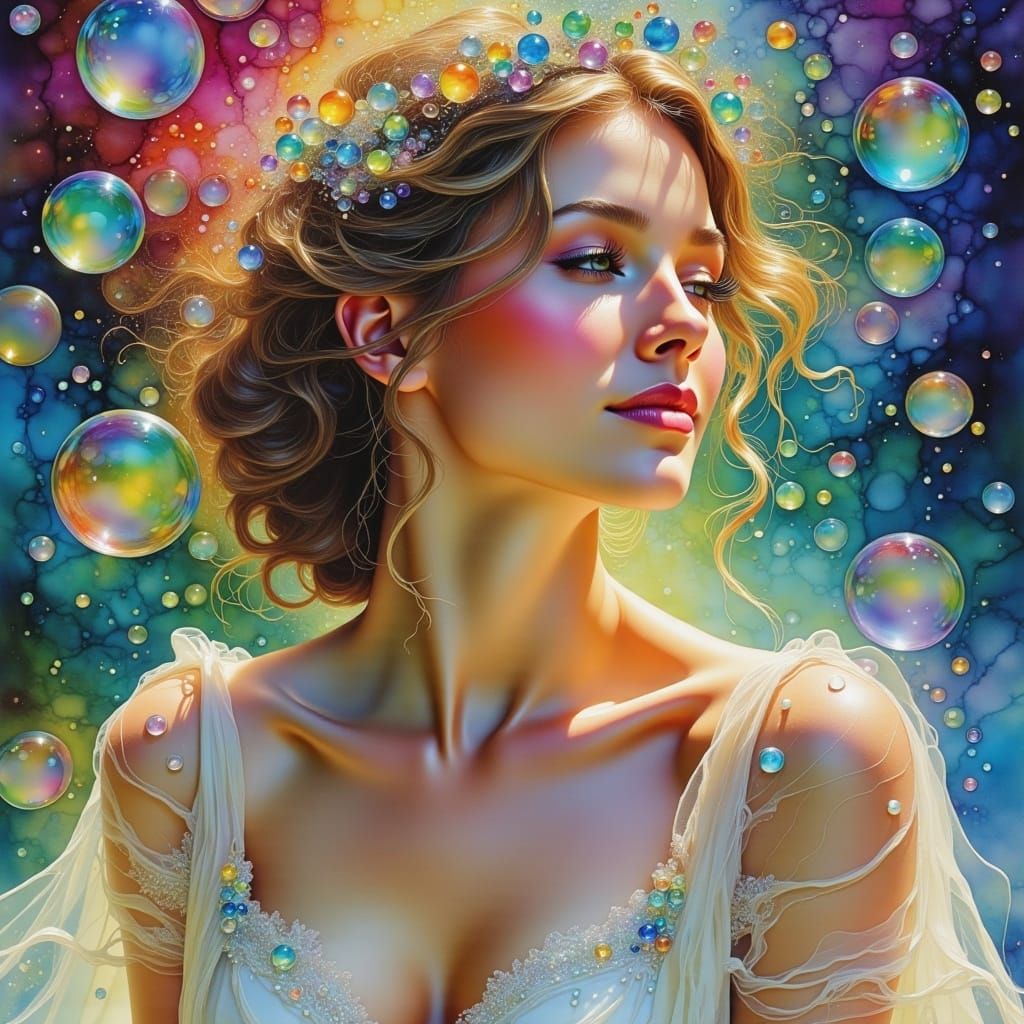 Woman Surrounded by Luminous Bubbles in Impressionist Style