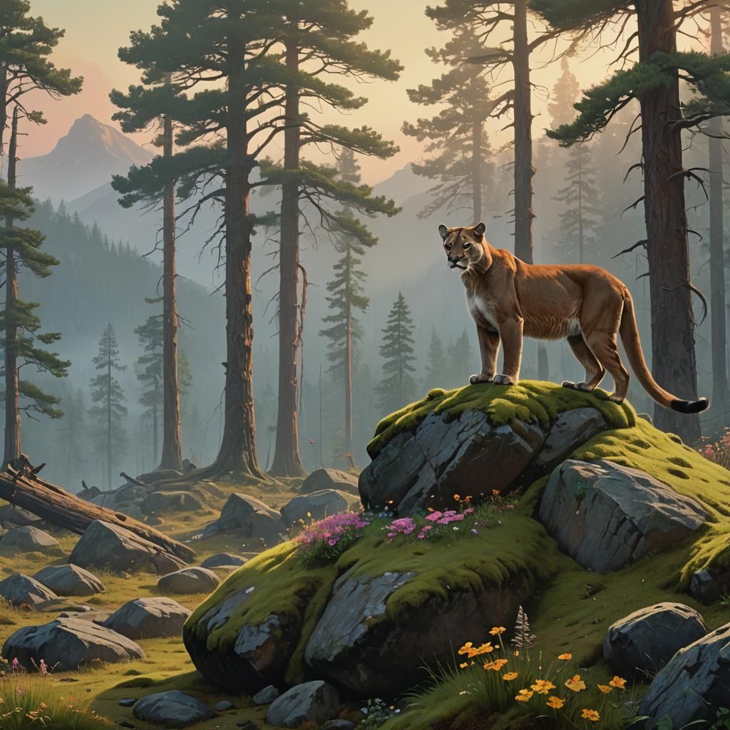 Mountain Lion in Misty Forest: Hyper-Realistic Matte Paintin...