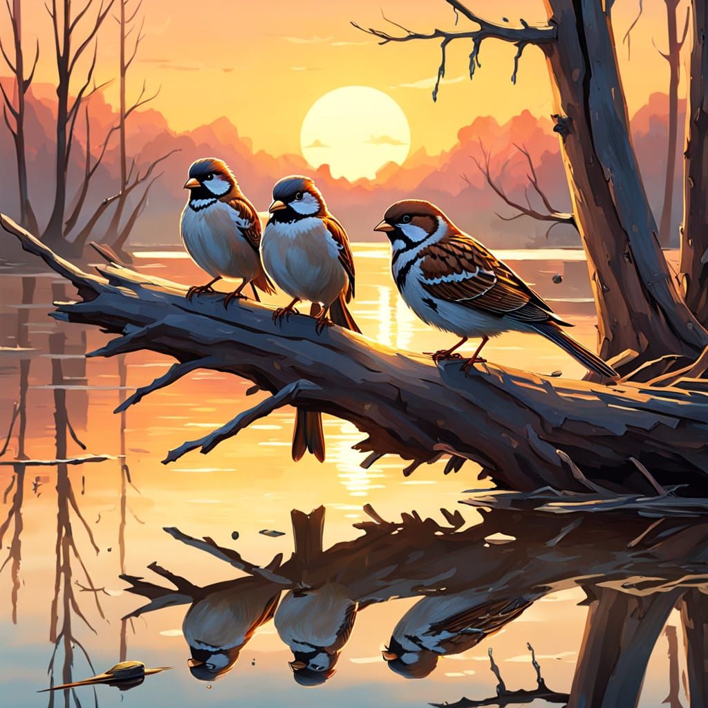 Three Sparrows on Branch at Sunset, Digital Painting