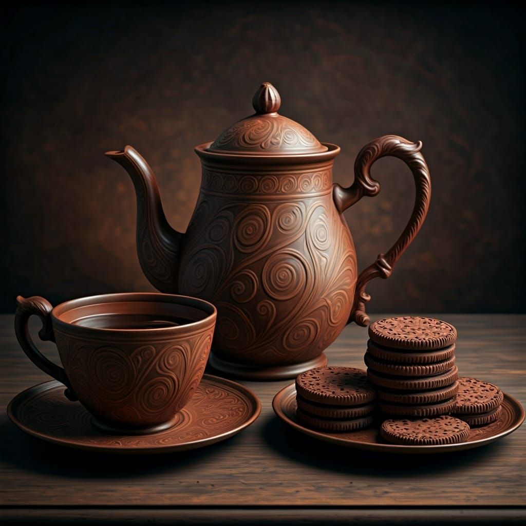 Chocolate Teapot with Biscuits in Cinematic Style
