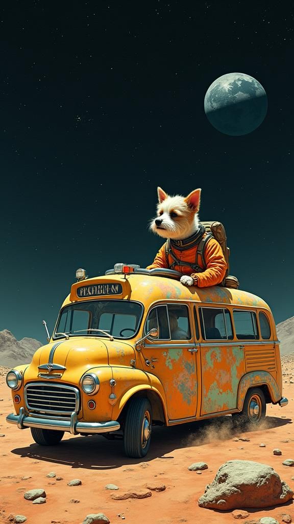 Dog Astronaut on Lunar Bus, Dreamlike Illustration