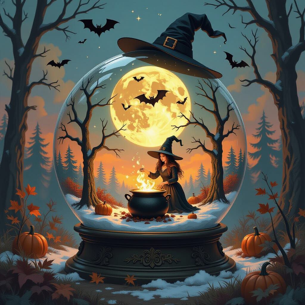 Witch's Hat Snowglobe With Haunted Autumn Scene