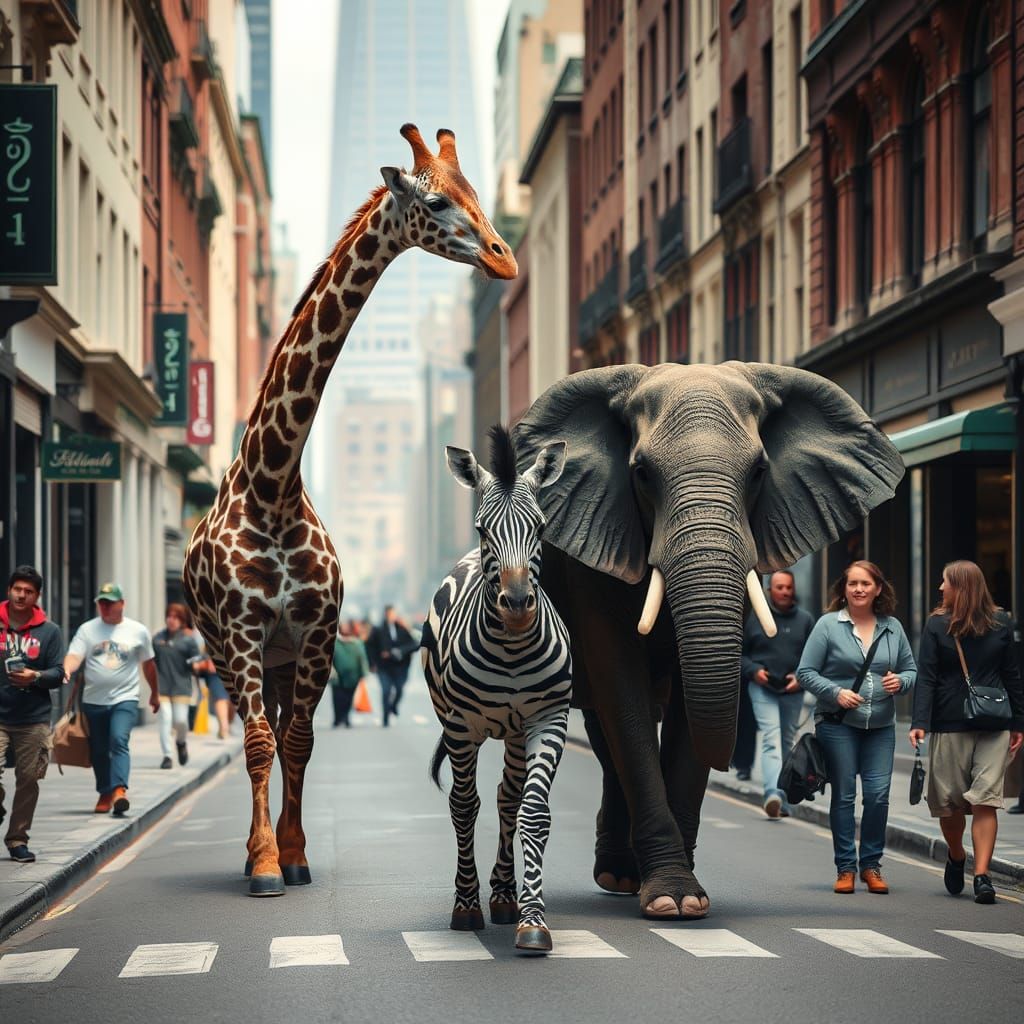 Whimsical Animals Roam City Street: Photorealistic Scene