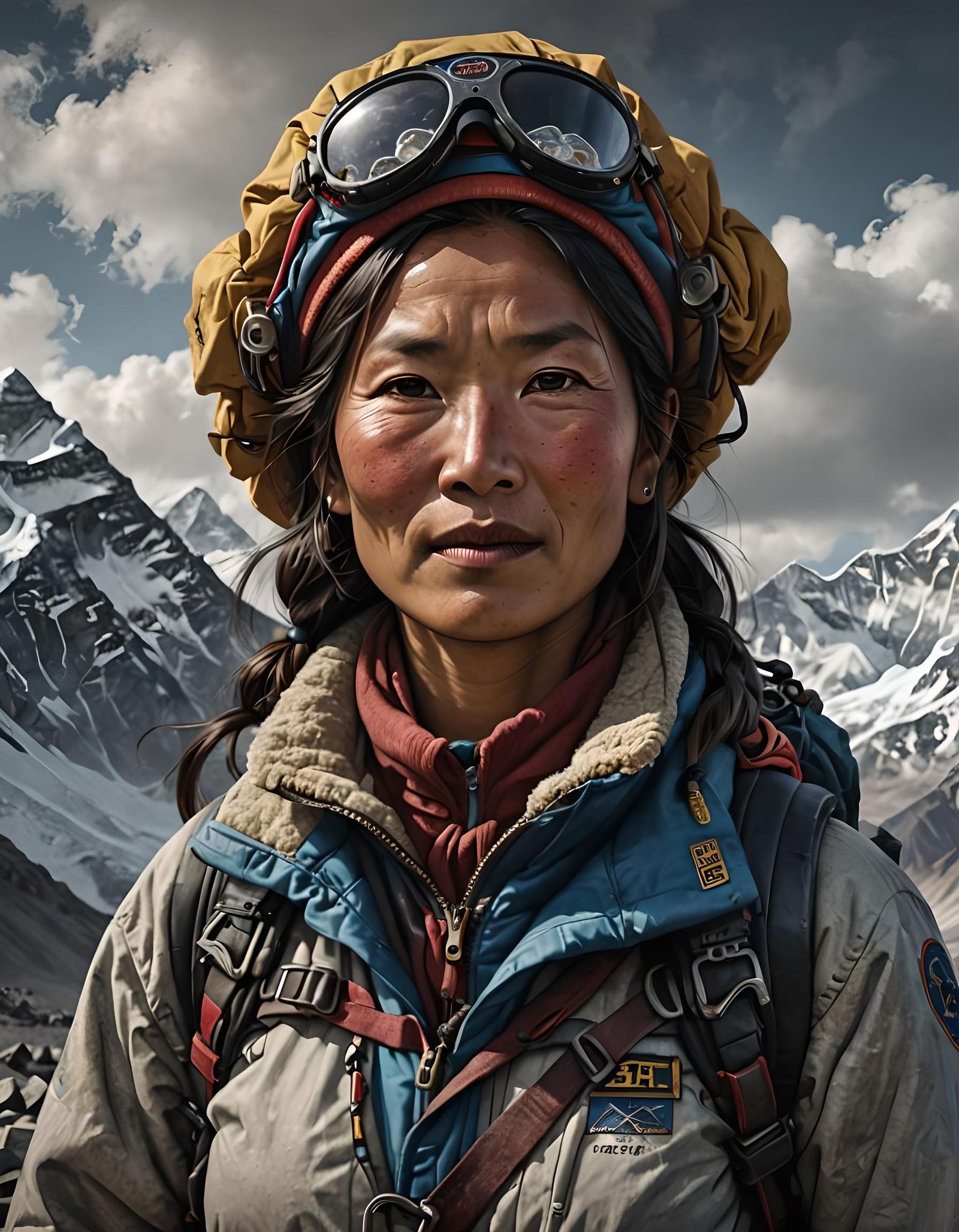 A Tibetan woman Sherpa equipped to climb Mount Everest.