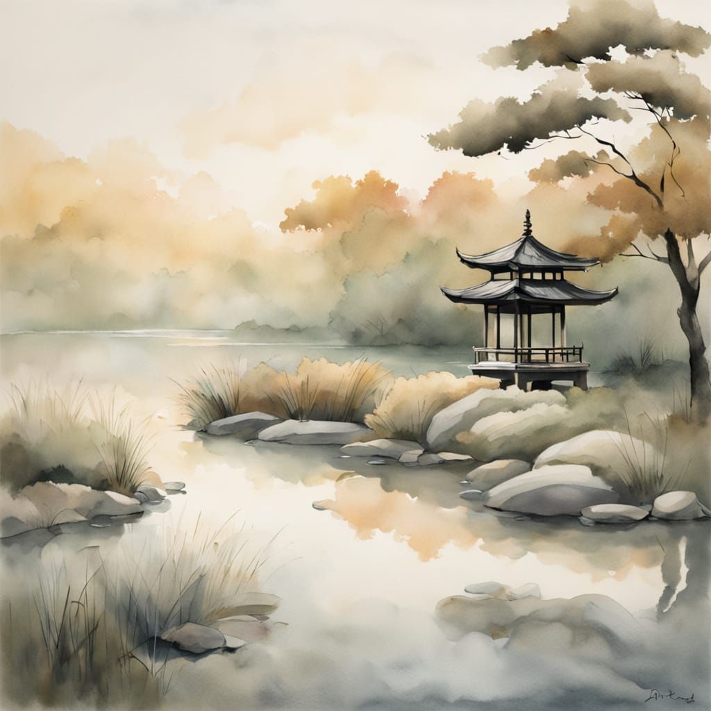 Tranquil Japanese Garden at Dawn in Watercolor Style