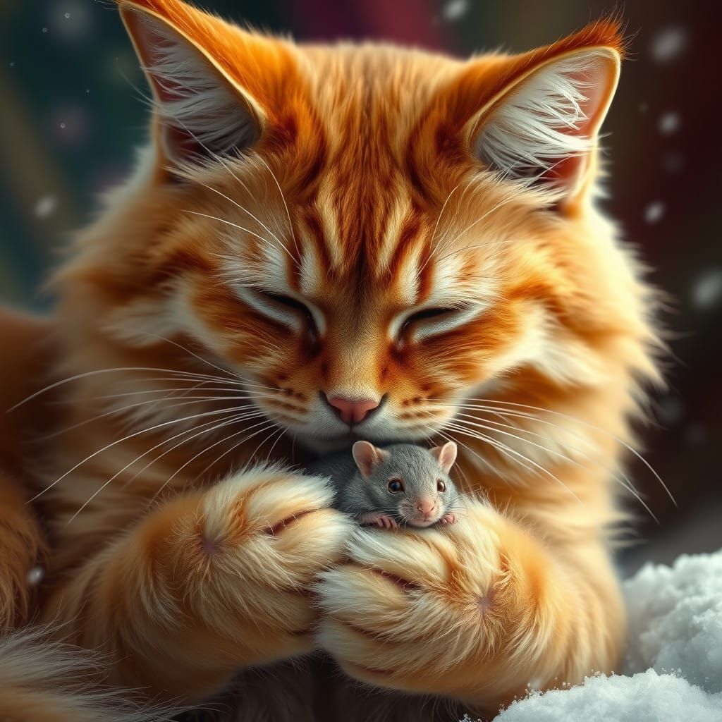 Cosy Winter Scene with Gentle Ginger Cat and Baby Mouse