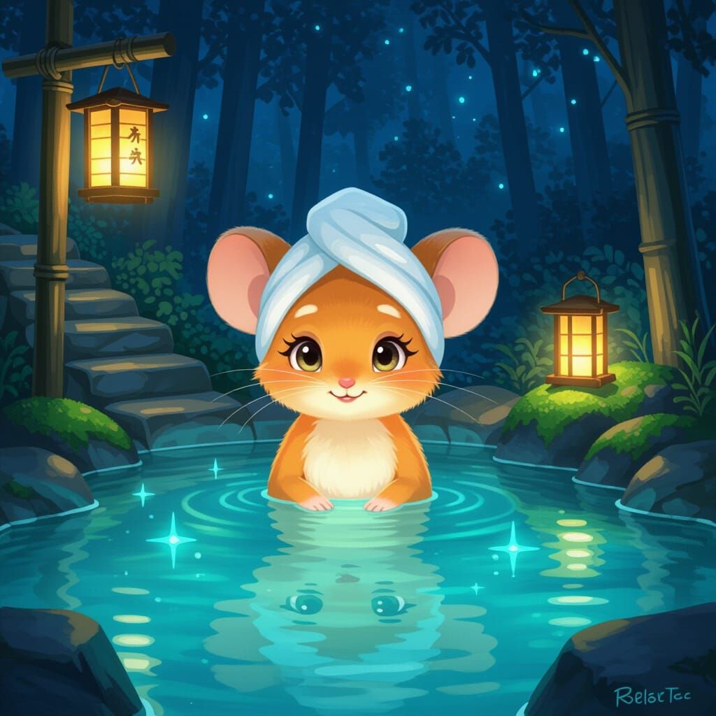 Mouse Girl in Forest Onsen with Lanterns