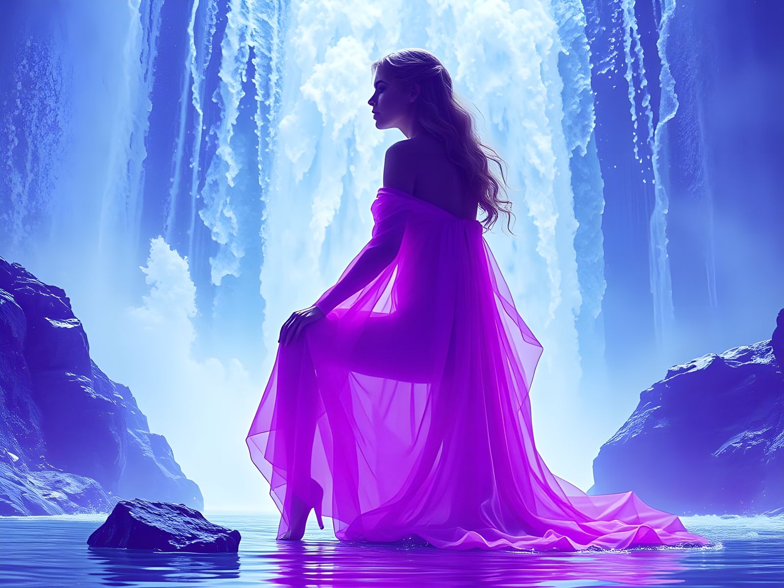 Violet Futurism: Grandeur of a Woman Beside a Cascade