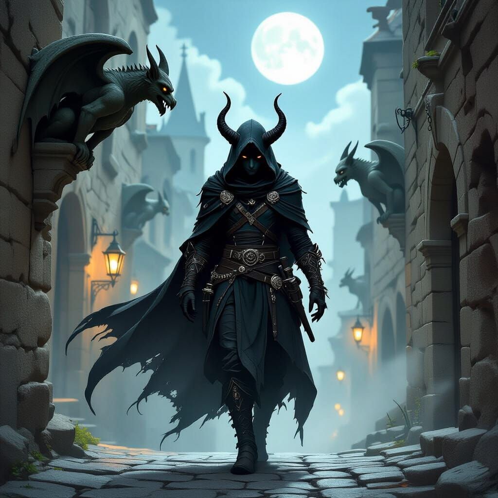 Tiefling Rogue in Gothic Alleyway Digital Painting