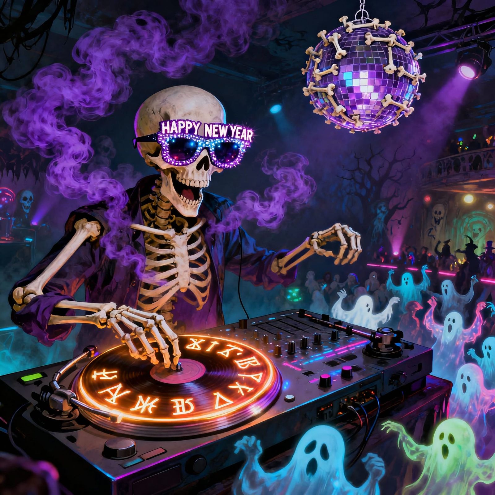 Goofy Skeleton DJ Spins Records in Haunted Nightclub