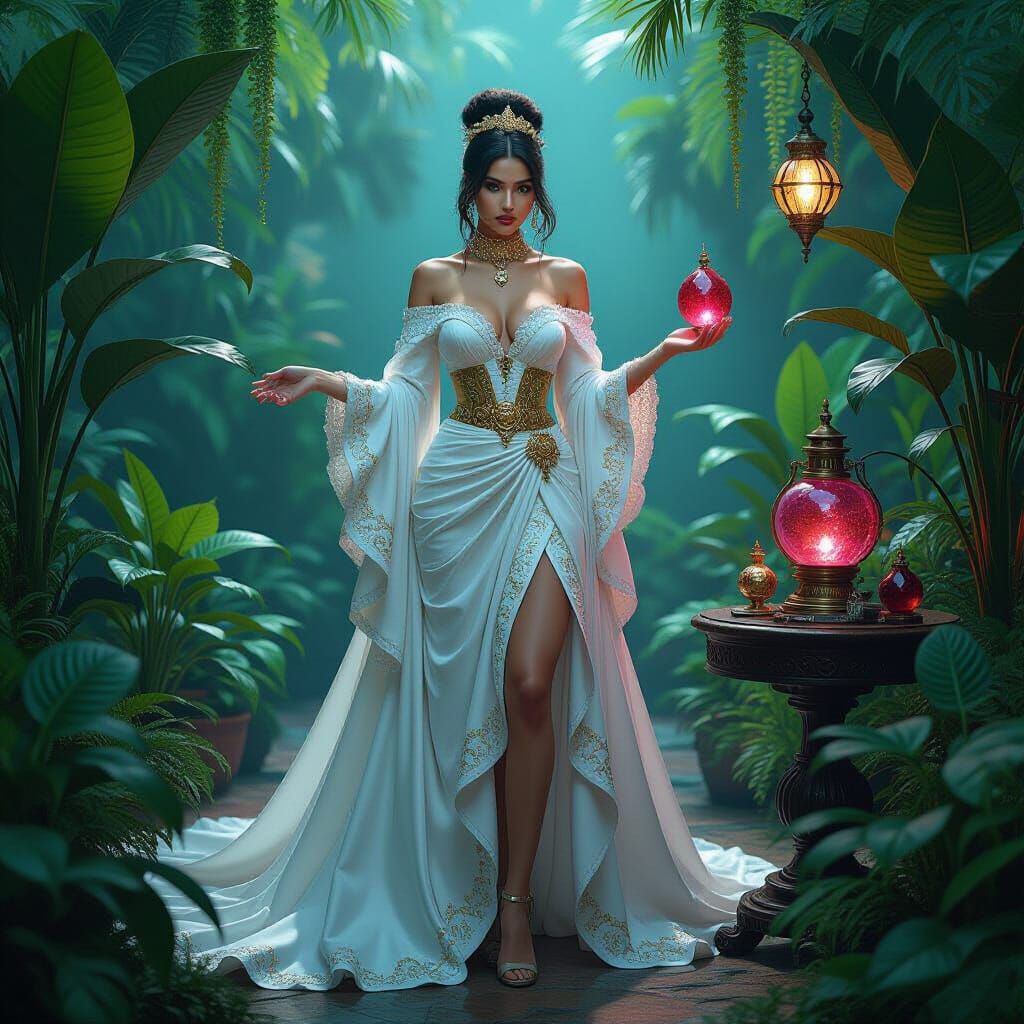 Alchemist in Steampunk Lab with Lush Plants