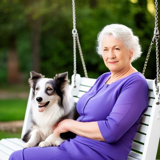 Mature Woman on Garden Swing with Dogs