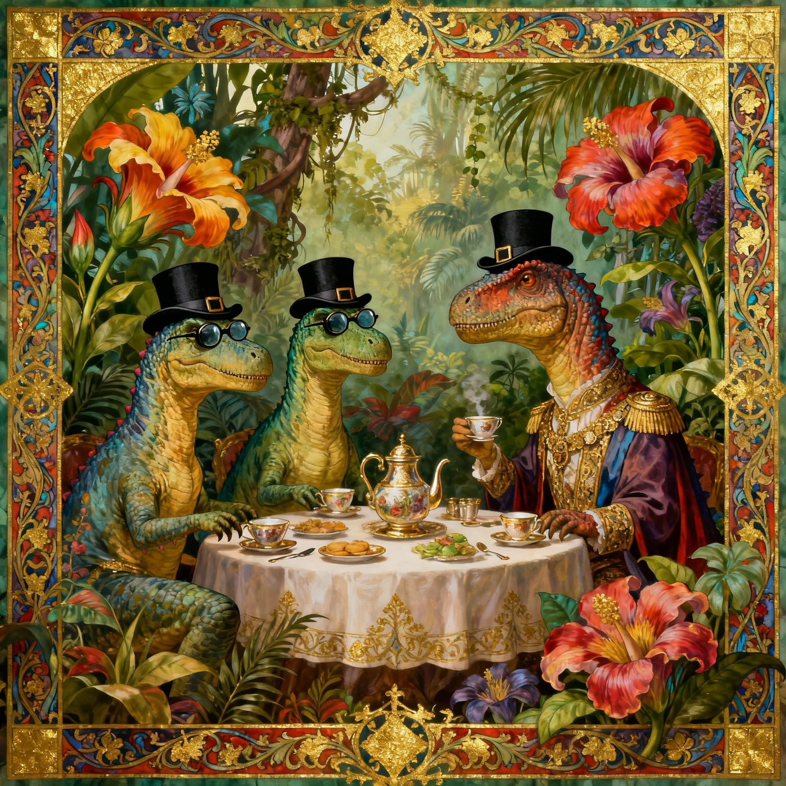 Dinosaurs in Bowler Hats Enjoy Tea Party in Jungle