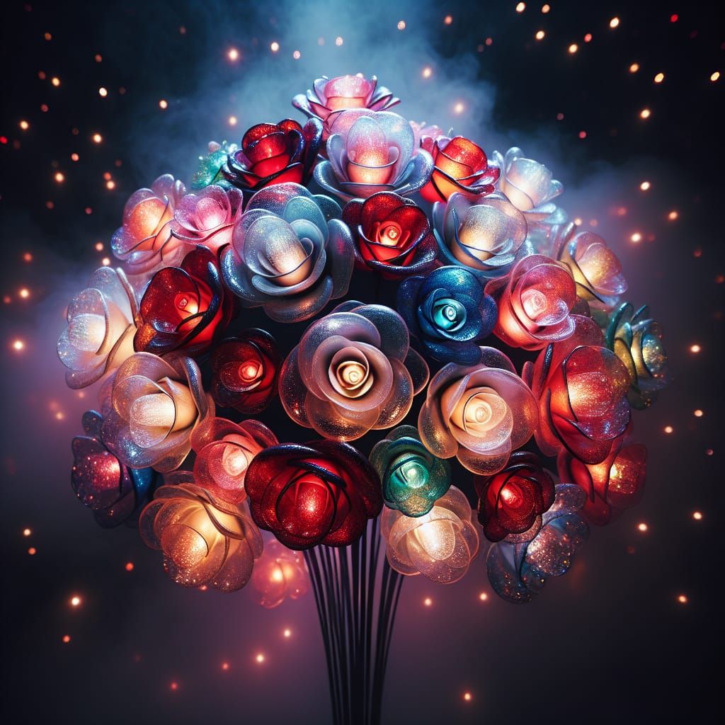 Colorful Blown Glass Roses Bouquet with Bokeh Lights