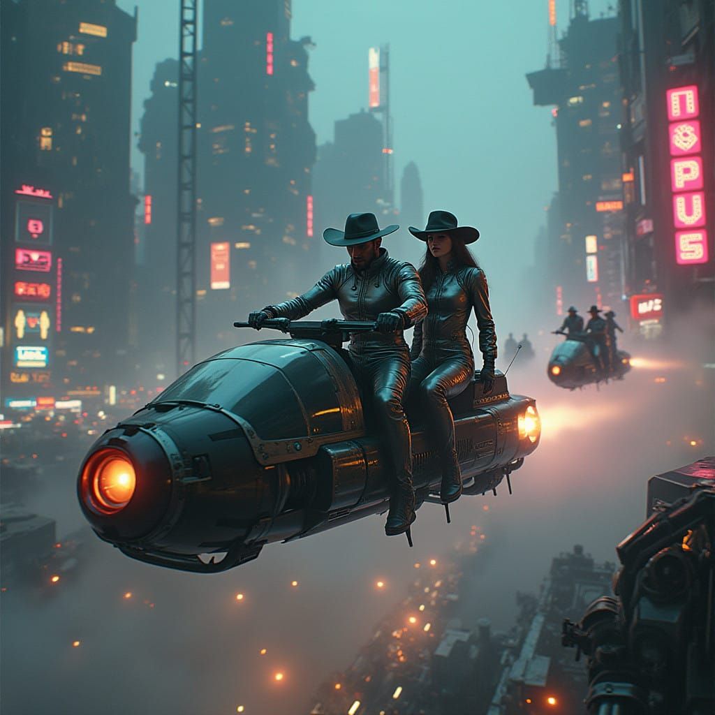 Cyberpunk Cowboys Ride Flying Bikes in Gritty Cityscape